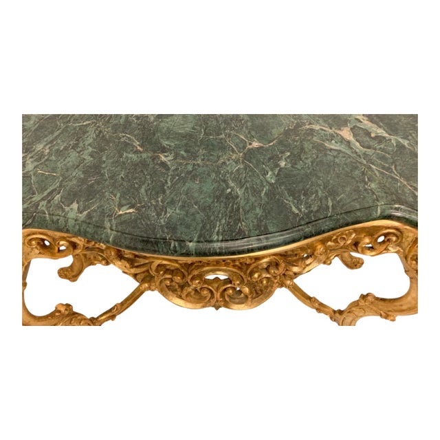 1970s Large Scale Italian Louis XV Carved Giltwood Console Table W/ Verde Marble Top For Sale - Image 5 of 8