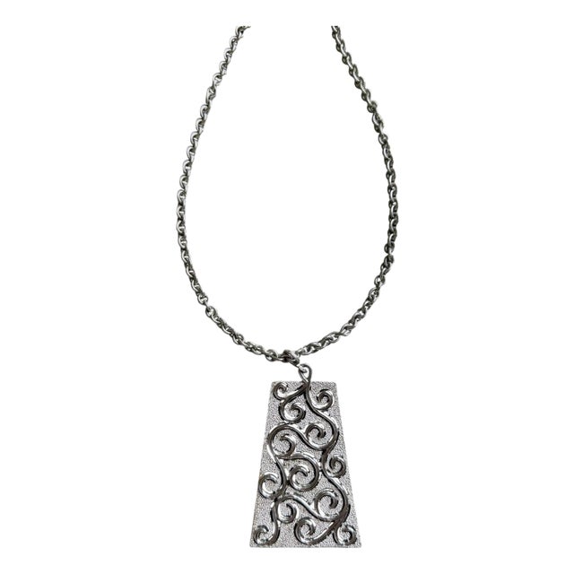 Silver Vintage Crown Trifari Large Pendant Necklace For Sale