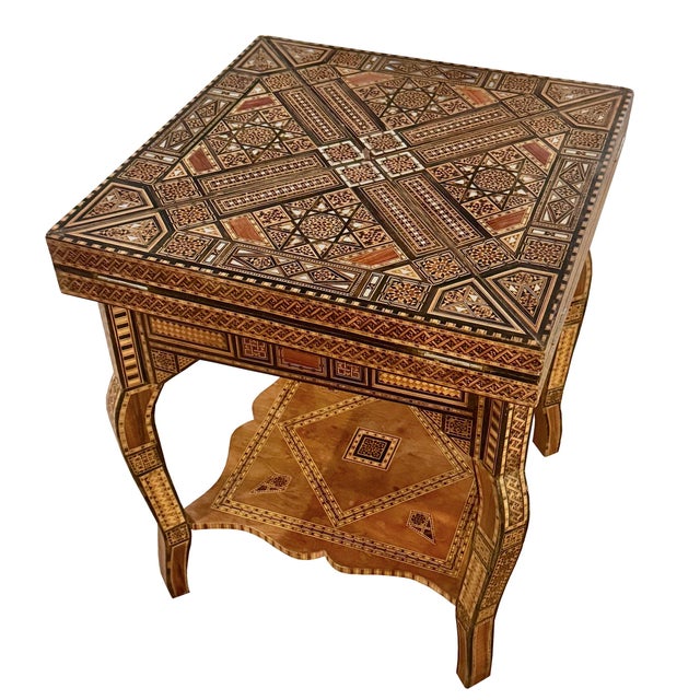 Art Deco Vintage Marquetry Wood Inlay With Mother of Pearl Folding Game Table For Sale - Image 3 of 18