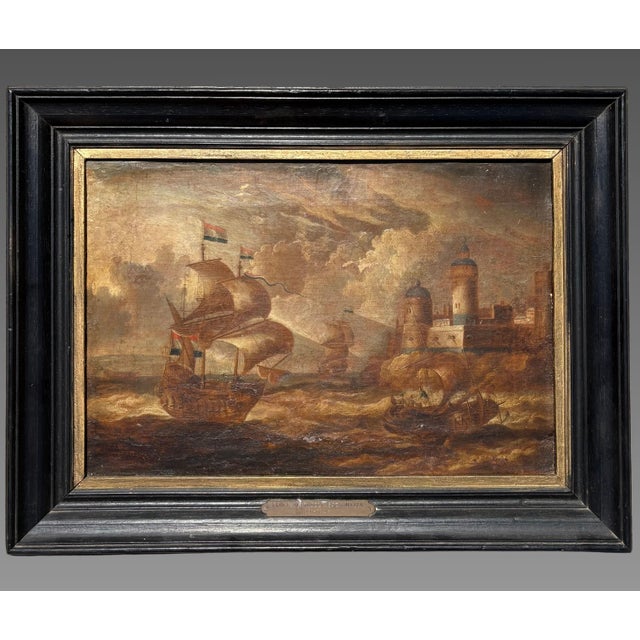 Peter Van Den Velde, Flemish Ship Off a Fort, 17th Century, Oil on Canvas For Sale - Image 3 of 4