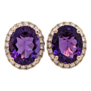5ct Oval Amethyst Diamond Stud Earrings: Solid 14k Gold, Oval 10x8mm, Pair For Sale