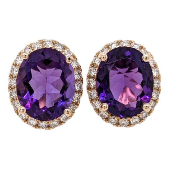 5ct Oval Amethyst Diamond Stud Earrings: Solid 14k Gold, Oval 10x8mm, Pair For Sale