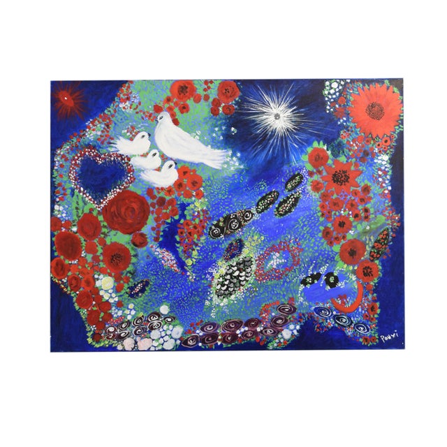 This dynamic 40" x 30" acrylic and oil painting by the artist Pouri is a captivating exploration of color and form....