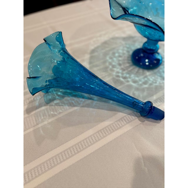 Glass Early 20th Century Fenton Blue Art Glass Ruffled Epergne Trumpet Vase For Sale - Image 7 of 10