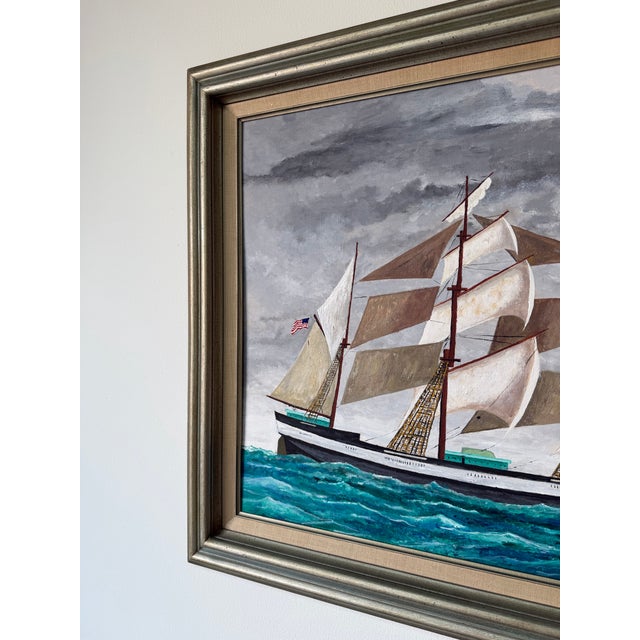 1970's R. Seaman American Tall Ship Ocean Landscape Oil on Board Painting, Framed For Sale - Image 11 of 12