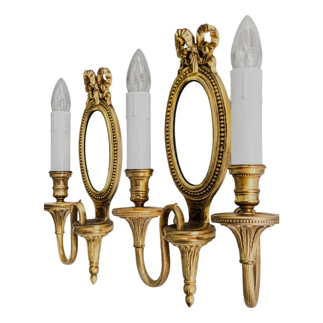 Louis XVI Gilt Bronze Mirrored Model 16572 Wall Sconces by Lucien Gau, Paris, 1930s, Set of 2 For Sale