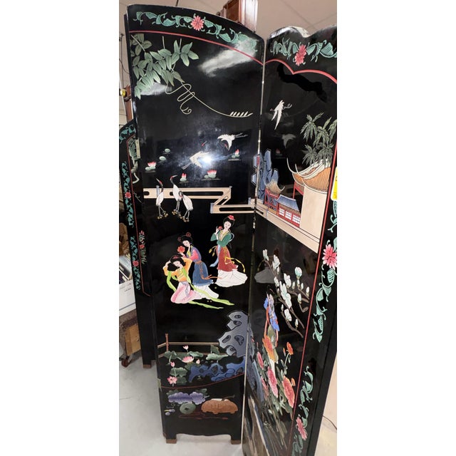 Black 1950s Chinese Coromandel Arched Four-Panel Lacquer Screen Divider Screen For Sale - Image 8 of 14