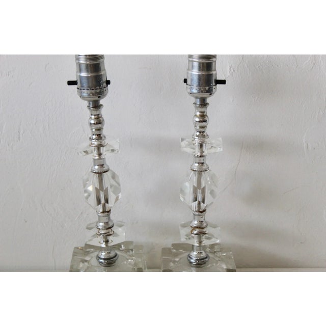 Metal Vintage Mid Century Chrome Cut Glass Small Scale Table Lamps-A Pair For Sale - Image 7 of 11