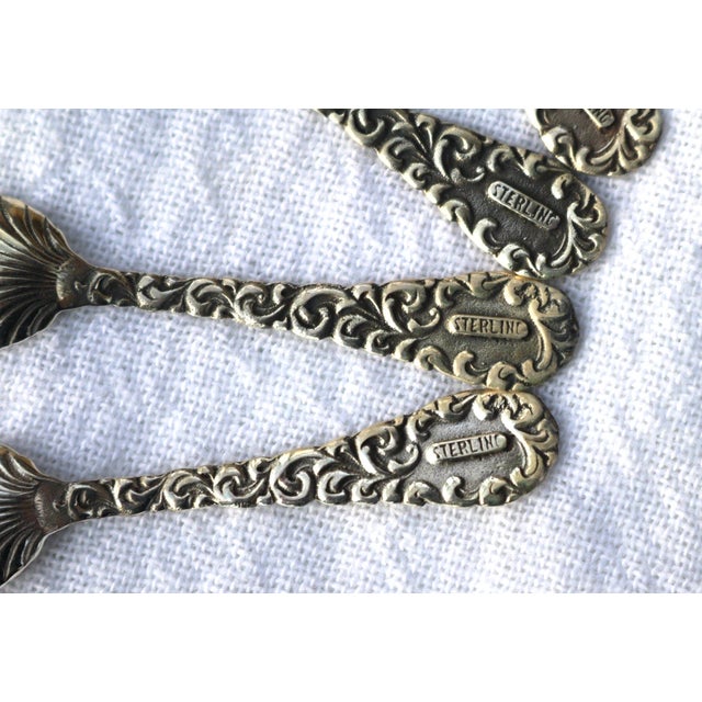 Metal Late 20th Century Sterling Silver Salt Spoon Set Scroll & Scalloped Shell Set of 4 For Sale - Image 7 of 13