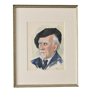 French Vintage Watercolor Portrait of a Gentleman For Sale