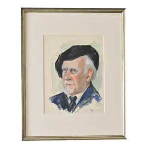 French Vintage Watercolor Portrait of a Gentleman in Beret