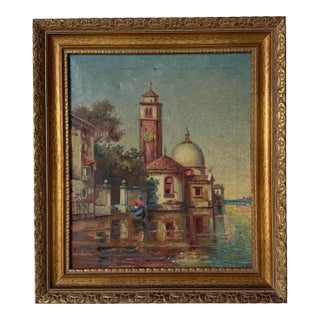 1950’s Vintage B. Hensel Impressionist European Canal Landscape Oil Painting, Wood Frame For Sale