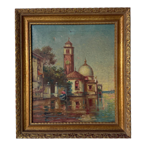 1950’s Vintage B. Hensel Impressionist European Canal Landscape Oil Painting, Wood Frame