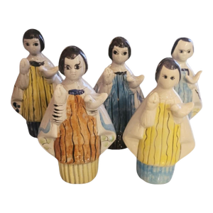 Rare Vintage Mexican Folk Art Tonala Saint Bird Hand Painted Clay Figurines Signed Set of 5