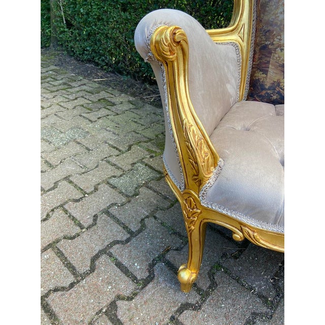 Vintage French Louis XVI Style Settee, Hand-Carved Gold Frame, Tufted Beige Velvet, Tapestry Backrest For Sale - Image 9 of 12