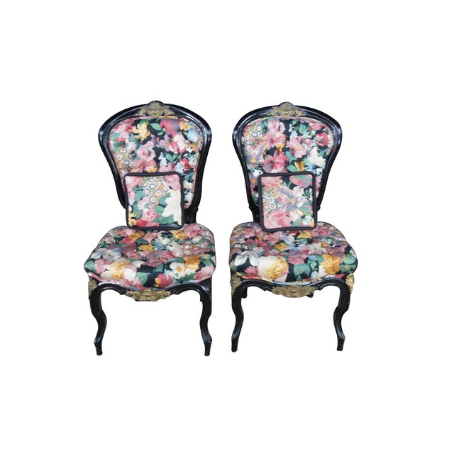 French 4 Antique French Louis XV Style Ebonized Dining Chairs Boussac Fabric Ormolu For Sale - Image 3 of 13