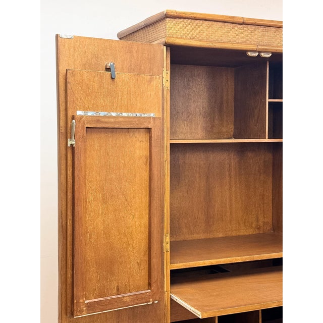 Mid 20th Century Coastal Boho Faux Bamboo Wicker Rattan Armoire Wardrobe Combo With Foldout Desk For Sale - Image 12 of 15