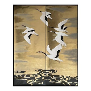 Gold Leaf Hand‑Painted Flying Crane Chinoiserie Wall Panels For Sale