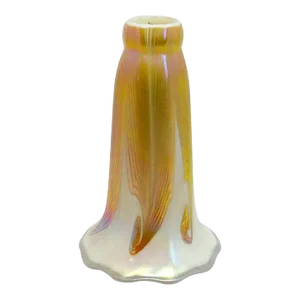 American Quezal Glass Opalescent Gold Hooked Feather Lily Lamp Shade