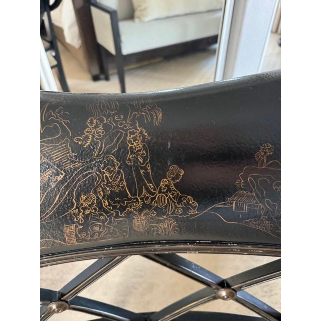 Late 20th Century Pair of Regency-Style Chinoiserie Ebonized Armchairs With Hand-Painted Scenic Decoration, Upholstered in Kravet Versailles Velvet For Sale - Image 9 of 11