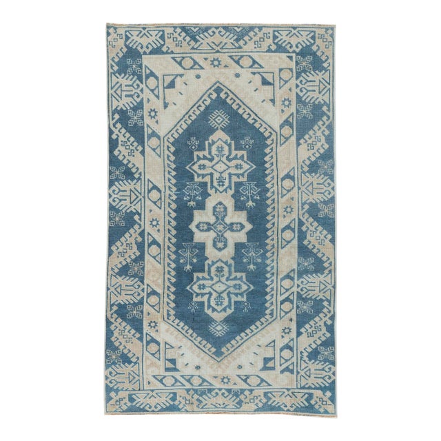 Vintage Circa 1940 Blue Turkish Oushak Hand Knotted Wool Rug 3ft 2in X 5ft 7in For Sale