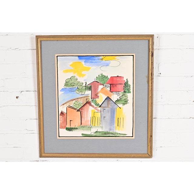A beautiful original framed abstract housescape or landscape watercolor painting Signed by artist Joyce Stahly Measures:...