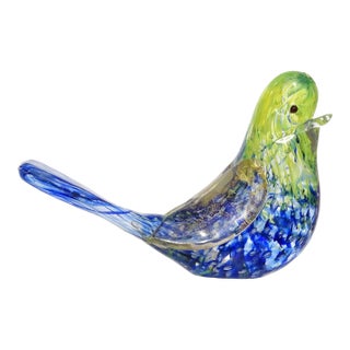 Vintage Murano Barovier Toso Yellow Blue Spots Gold Fleck Italian Art Glass Love Bird Figurine Paperweight For Sale