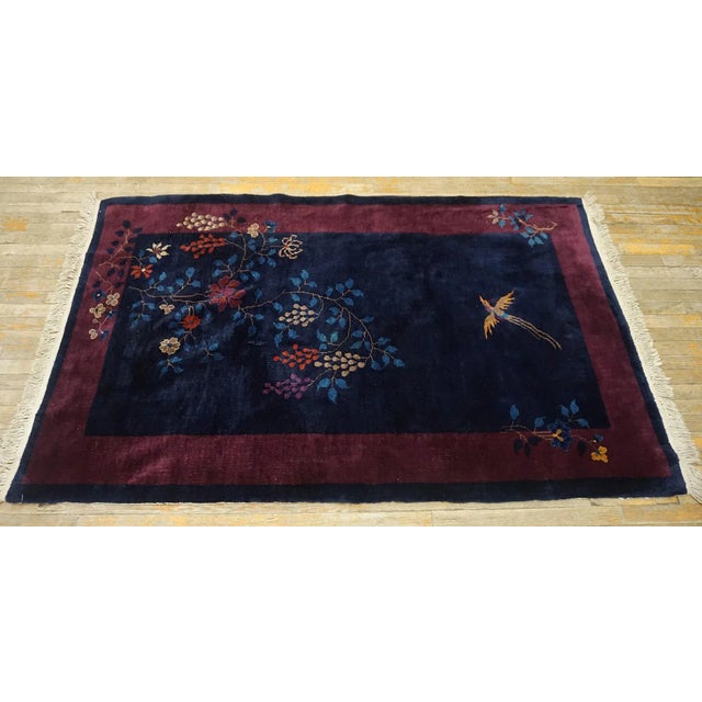 1920s Blue Navy Floral Bird Antique Chinese Art Deco Carpet 4'1" X 6'8" Knotted Wool Rug For Sale - Image 4 of 11