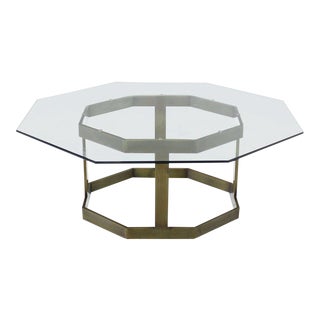 Mid-Century Modern Octagonal Brass Base and Glass-Top Coffee Table For Sale