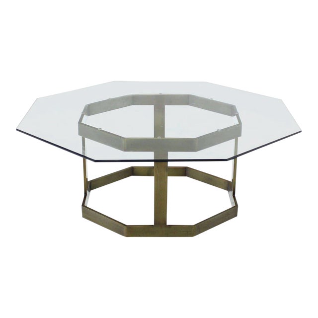 Mid-Century Modern Octagonal Brass Base and Glass-Top Coffee Table For Sale