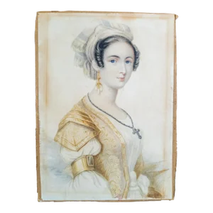 19th Century English Fine Watercolor Portrait Painting of a Lady
