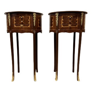 Oval Veneer Nightstands with Brass Decor, Set of 2 For Sale