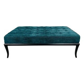 t.h. Robsjohn-Gibbings Teal Blue Velvet Sabre Leg Bench by John Widdicomb For Sale