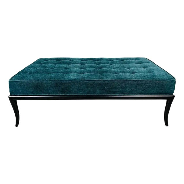 t.h. Robsjohn-Gibbings Teal Blue Velvet Sabre Leg Bench by John Widdicomb For Sale