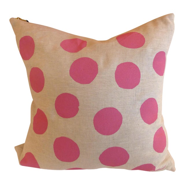 Heavy Linen Hand Made Pink Polka Dot Pillow For Sale
