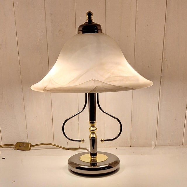 Gold Vintage Table Lamp with Metal Base and White Marbled Glass Shade from Honsel, 1980s For Sale - Image 8 of 8