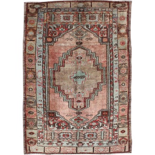 Salmon and Pink Vintage Turkish Oushak Rug With Tribal Medallion Design For Sale