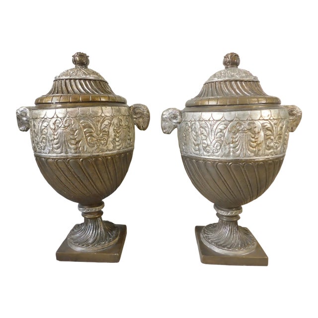 Large Pair Vintage Outdoor Hilda Flack Gold & Silver Resin Ram's Head Statue Urns For Sale
