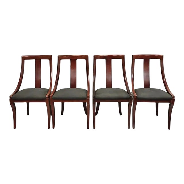 Late 20th Century French Empire Regency Style Cherry Wood Saber Leg Dining Side Chairs - Set of 4 For Sale