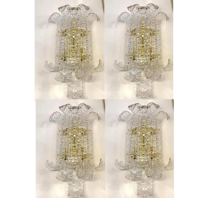 Lot of 4 transparent murano glass wall lamp and gold 24k metal frame. All made in italy, all made in murano. traditional...