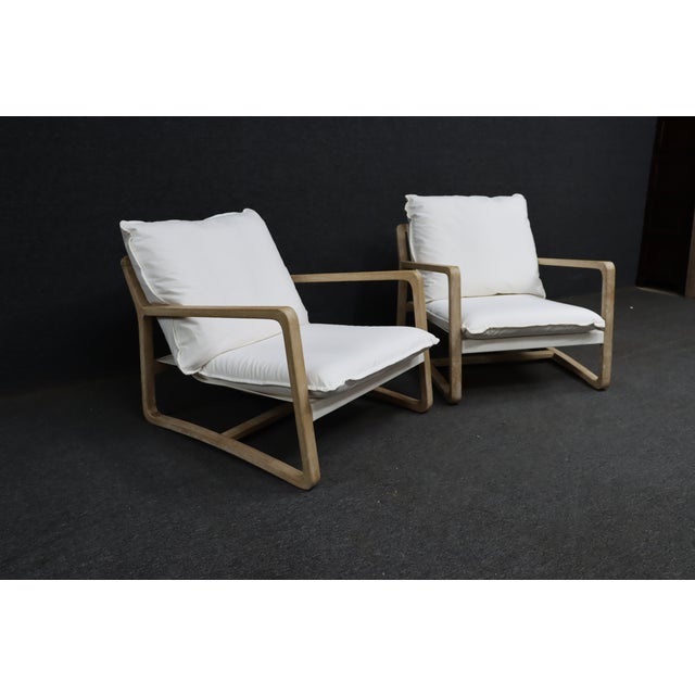 Contemporary Pair of Washed Oak Sling Lounge Chairs With White Linen Cushions For Sale - Image 3 of 10