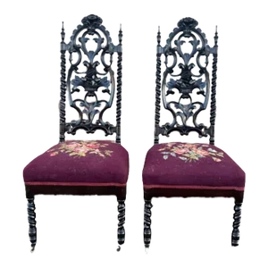 19th Century Pair Antique Victorian Gothic Hand Carved Barley Twist Upholstered Needlepoint Seat Chairs