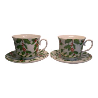 Vintage I. Godinger & Co Holly Berry Christmas Cup and Saucer - 4 pcs For Sale