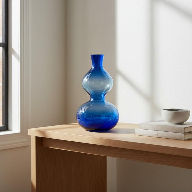 Late 20th Century Vintage Hand Blown Blue Studio Art Glass Vase-Translucent-Double Gourd-Bottle For Sale - Image 5 of 9