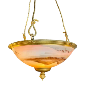 Antique French Reverse Painted Glass and Gilt Bronze Pendant Chandelier