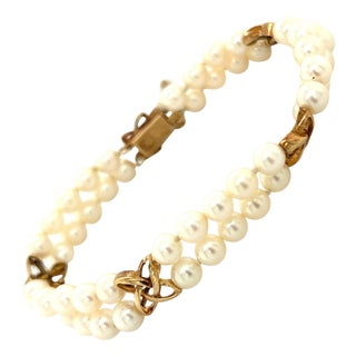 1990s Mikimoto Estate Akoya Pearl Double Strand Bracelet 14k Gold For Sale
