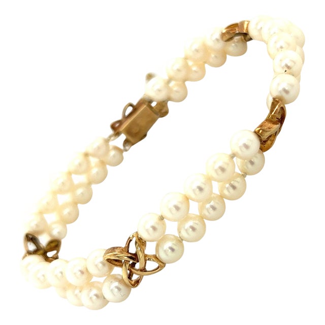 1990s Mikimoto Estate Akoya Pearl Double Strand Bracelet 14k Gold For Sale
