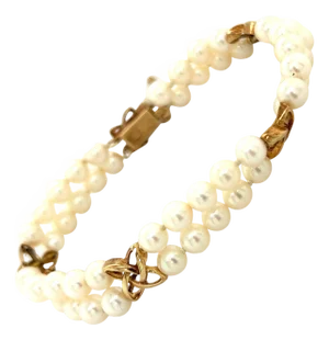 1990s Mikimoto Estate Akoya Pearl Double Strand Bracelet 14k Gold