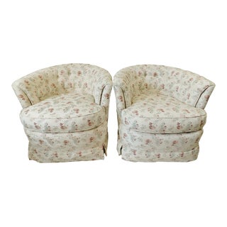 Mid Century Barrel Swivel Floral Upholstered Accent Arm Chairs - a Pair For Sale