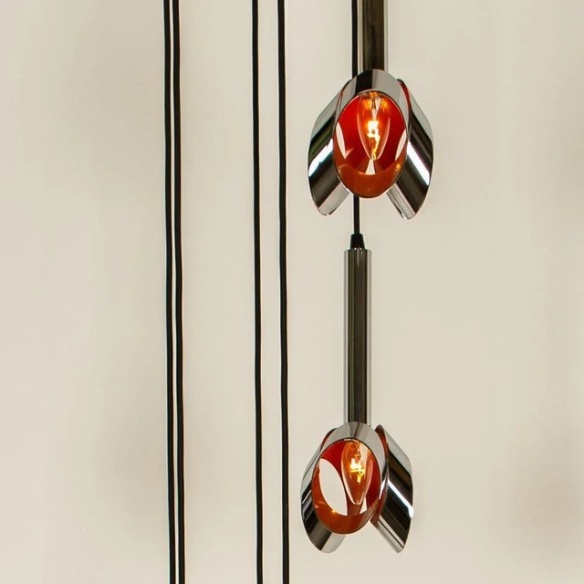 Gold Cascade Fixture with Six Chrome and Orange Pendants in Raak Style, 1970s For Sale - Image 8 of 18